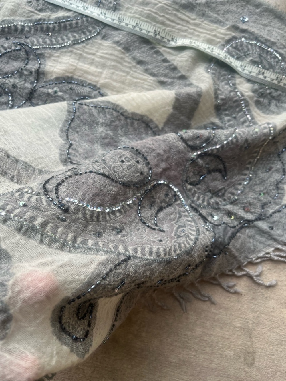 Ahujasons Gray & Cream Beaded Paisley Shawl Wrap - Picture 6 of 7